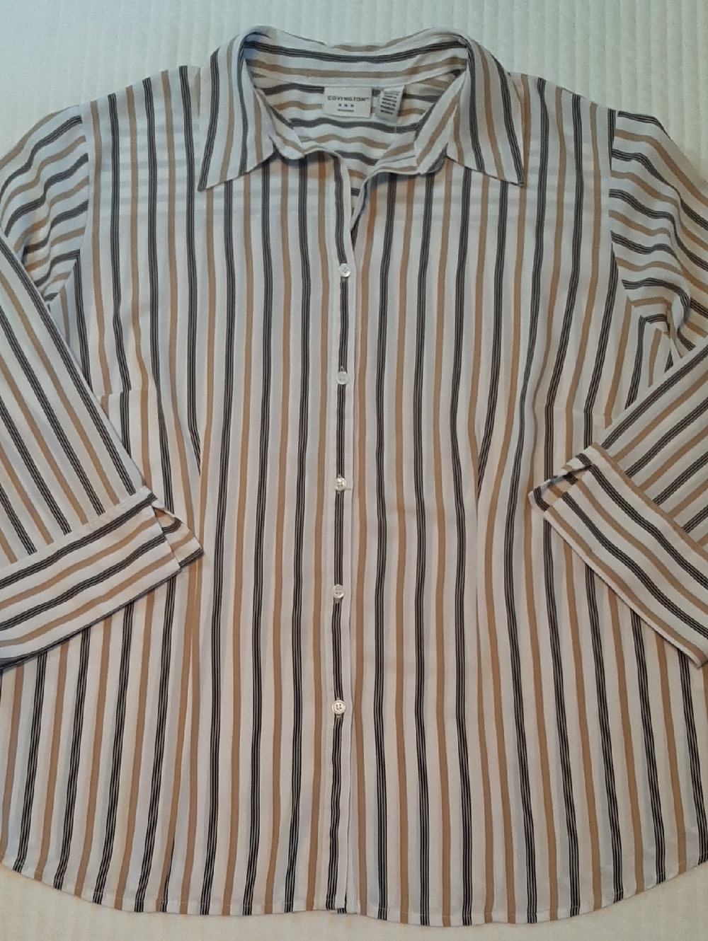 Covington 18 W Vertical Stripe Button-Front Blouse in White, Brown & Black
